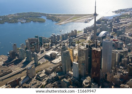 The towers of downtown Toronto, Canada, seen from just above Yonge Street.