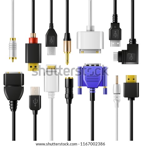 USB wire cable vector phone charger electric device of charging technology illustration set of computer connector for network connection isolated on white background