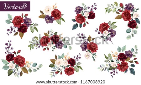 Set of floral branch. Flower red, burgundy, purple rose, green leaves. Wedding concept with flowers. Floral poster, invite. Vector arrangements for greeting card or invitation design Royalty-Free Stock Photo #1167008920