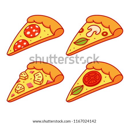Cartoon pizza slice illustration set. Pepperoni, Hawaiian (pineapple and ham), Margherita (tomato and basil) and vegetarian pizza. Isolated vector clip art collection.