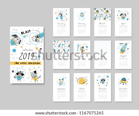 Calendar 2019. Templates with space theme design. Vector illustration in blue and yellow.