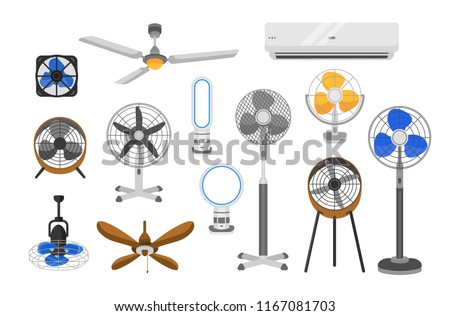 Collection of electric fans of various types isolated on white background. Bundle of household devices for air cooling and conditioning, climate control. Vector illustration in flat cartoon style. Royalty-Free Stock Photo #1167081703