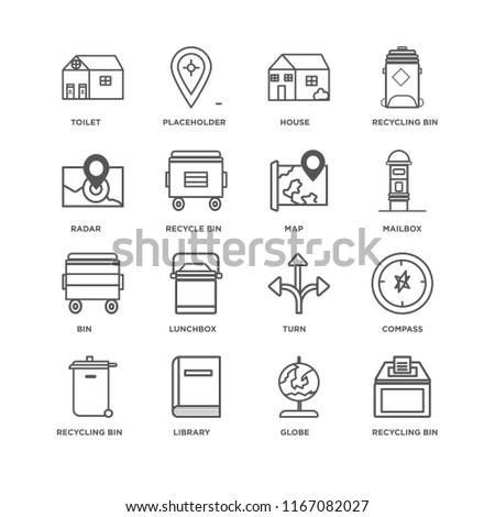 Set Of 16 simple line icons such as Recycling bin, Globe, Library, Compass, Toilet, Radar, Bin, Map, editable stroke icon pack, pixel perfect