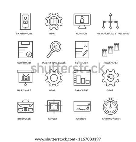 Set Of 16 simple line icons such as Chronometer, Cheque, Target, Briefcase, Gear, Smartphone, Clipboard, Bar chart, Contract, editable stroke icon pack, pixel perfect