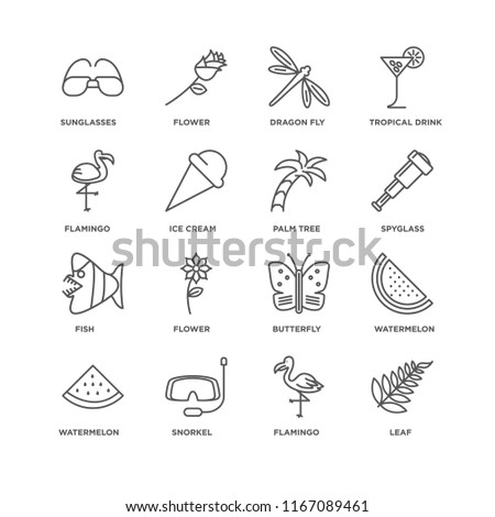 Set Of 16 simple line icons such as Leaf, Flamingo, Snorkel, Watermelon, Sunglasses, Fish, Palm tree, editable stroke icon pack, pixel perfect