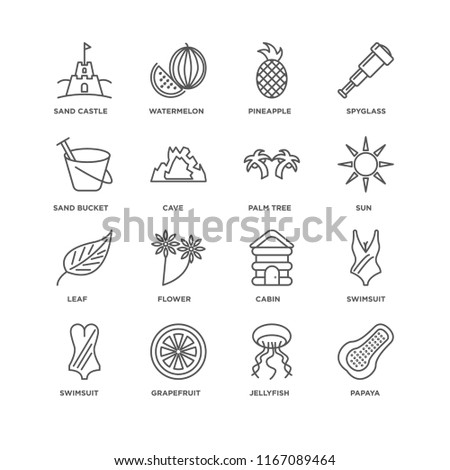 Set Of 16 simple line icons such as Papaya, Jellyfish, Grapefruit, Swimsuit, Sand castle, bucket, Leaf, Palm tree, editable stroke icon pack, pixel perfect