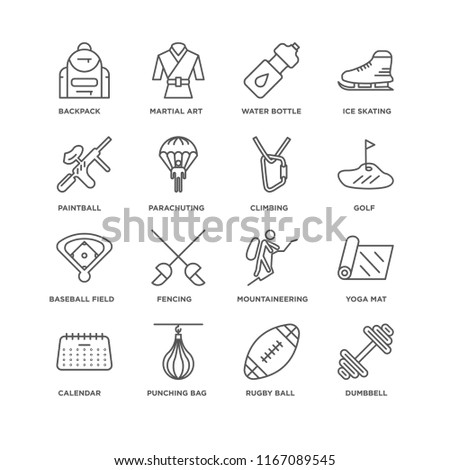 Set Of 16 simple line icons such as Dumbbell, Rugby ball, Punching bag, Calendar, Yoga mat, Backpack, Paintball, Baseball field, Climbing, editable stroke icon pack, pixel perfect