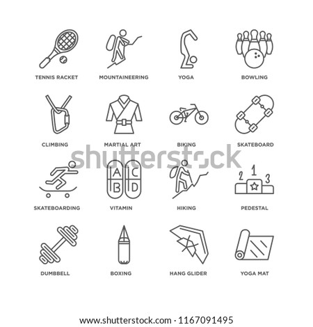Set Of 16 simple line icons such as Yoga mat, Hang glider, Boxing, Dumbbell, Pedestal, Tennis racket, Climbing, Skateboarding, Biking, editable stroke icon pack, pixel perfect