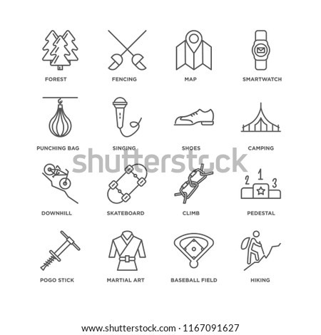 Set Of 16 simple line icons such as Hiking, Baseball field, Martial art, Pogo stick, Pedestal, Forest, Punching bag, Downhill, Shoes, editable stroke icon pack, pixel perfect