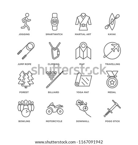 Set Of 16 simple line icons such as Pogo stick, Downhill, Motorcycle, Bowling, Medal, Jogging, Jump rope, Forest, Map, editable stroke icon pack, pixel perfect