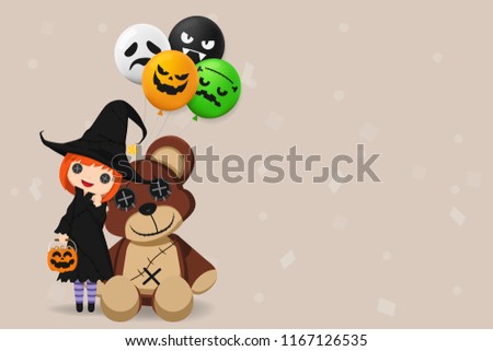 Illustration Happy Halloween Day. Holiday concept with cute little girl wearing a witch costume holding a pumpkin candy basket with balloon and doll bear isolated on background with copy space