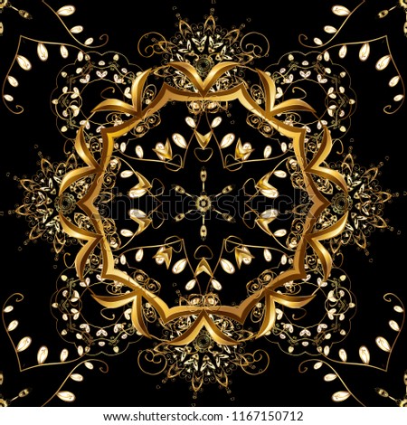 Golden element on black, brown and yellow colors. Gold floral ornament in baroque style. Damask seamless repeating pattern. Antique golden repeatable wallpaper.
