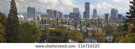 Portland Oregon Downtown City Skyline and Landscape in Autumn Season Panorama