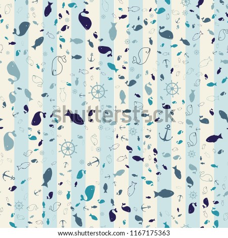 Blue and white seamless texture. Vector illustration. marine motifs scattered randomly. Pisces