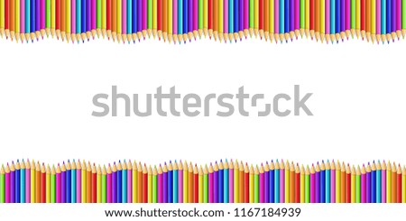 Vector rectangle double border made of multicolored wooden pencils on white background. Wavy creative framework bordering template concept, banner, poster with empty copy space for text or image.