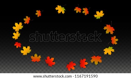 Autumn Vector Background with Golden Falling Leaves. Autumn Illustration with Maple Red, Orange, Yellow Foliage. Isolated Leaf on Transparent Background. Bright Swirl. Suitable for Flyers.