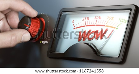 Man turning a knob to improve marketing campaign and the wow factor. Composite image between a hand photography and a 3D background. Royalty-Free Stock Photo #1167241558