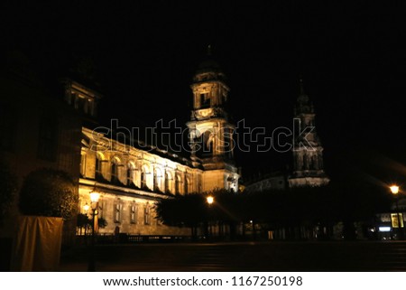 A nighttime scene at Brühl's Terrace, an architecturally beautiful section of the Elbe's banks in Dresden, Germany and is known as the “Balcony of Europe”. 