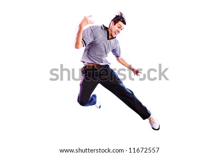 Happy man jumping, isolated on white. Extremities are motion blurred.