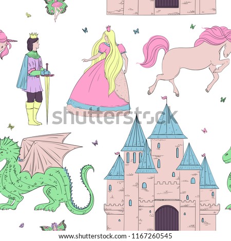 Seamless pattern with prince, princess, castle, dragon, fairy, horse. Fairy tale theme. Isolated objects. Vintage vector illustration 