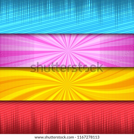 Comic bright horizontal banners with striped radial rays halftone effects in blue pink yellow red colors. Vector illustration