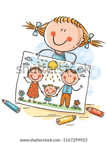 Little girl has drawn a picture of her family, colorful vector clipart