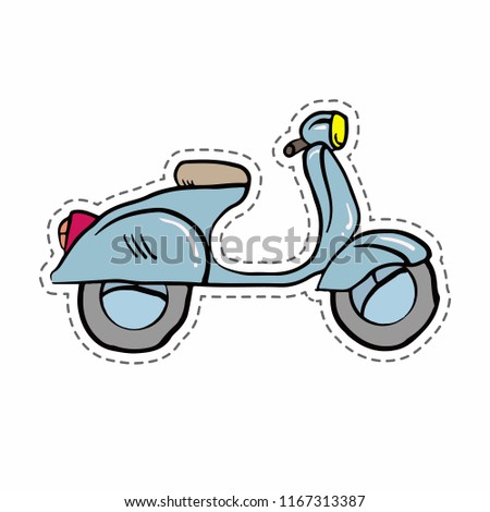Scooter sticker on white background.  Doodle blue scooter. Delivery concept. Stock vector illustration.