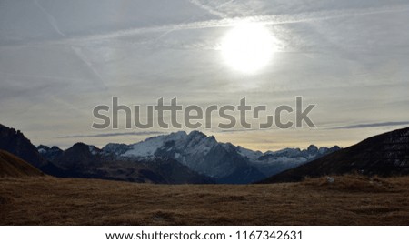 Dolomite Panorama and Autumn Nature, Cloud Sky and Sun Shine 