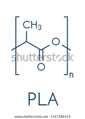 Polylactic acid (PLA, polylactide) bioplastic, chemical structure. Compostable polymer used in medical implants, 3D printing, packaging materials, etc. Skeletal formula. Royalty-Free Stock Photo #1167386515