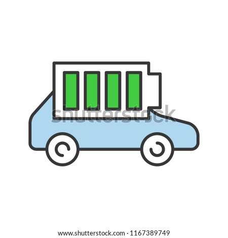 Fully charged electric car battery color icon. Auto charge completed. Eco friendly automobile battery level indicator. Isolated vector illustration