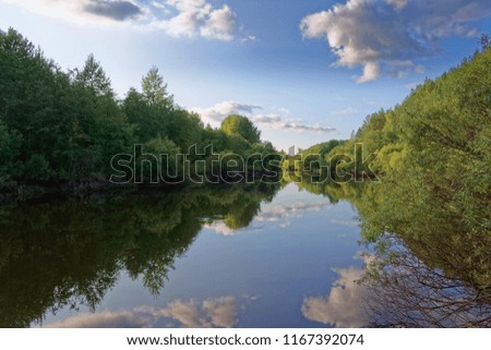 Summer landscape trees reflected in the mirror of the river lit by sunset rays of the sun