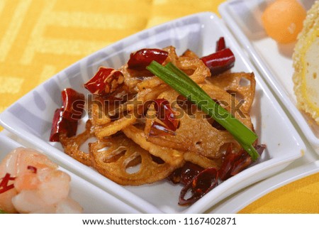 A variety of Chinese cuisine, close up cuisine, magnified picture, stir fried lotus