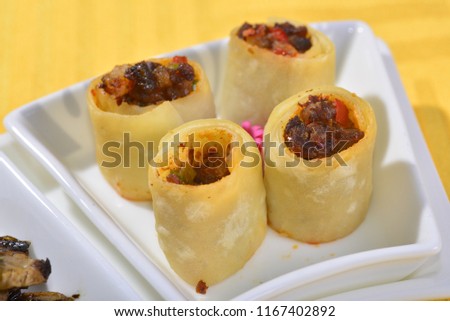 A variety of Chinese cuisine, close up cuisine, enlarged picture, burritos