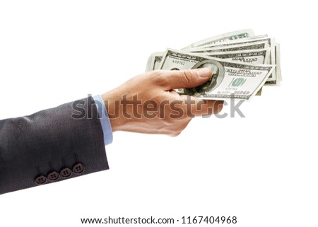 Man's hand in suit giving cash money isolated on white background. High resolution product. Close up
