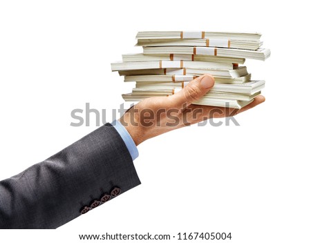 Man's hand in suit holding bundles of money isolated on white background. High resolution product. Close up