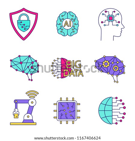 Artificial intelligence color icons set. Neurotechnology. Cybersecurity, ai, digital brain, neural network, big data, iot robot, internet of things, chip. Isolated vector illustrations