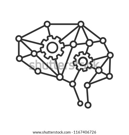 Deep learning AI linear icon. Neural network with cogwheels. Thin line illustration. Digital brain. Artificial intelligence. Contour symbol. Vector isolated outline drawing. Editable stroke