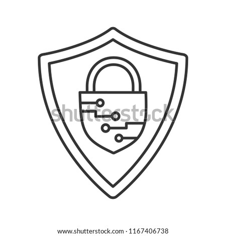 Cybersecurity linear icon. Safeguard. Shield with closed padlock inside. Thin line illustration. Artificial intelligence. Contour symbol. Vector isolated outline drawing. Editable stroke