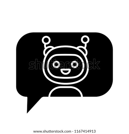 Chatbot in speech bubble glyph icon. Silhouette symbol. Talkbot. Virtual assistant. Online support service. Modern robot. Negative space. Vector isolated illustration