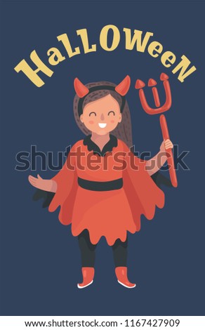 Little girl wearing red devil costume holding a trident or pitchfork. Child with horns on head. Halloween. Vector cartoon illustration in modern concept