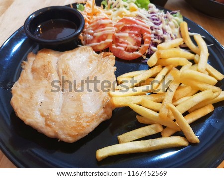 Chicken steak in plate , It's healthy diet.