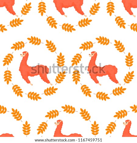 Vector autumn seamless pattern with red jumping lama in the circle of rowan yellowed leaves isolated on the white background.