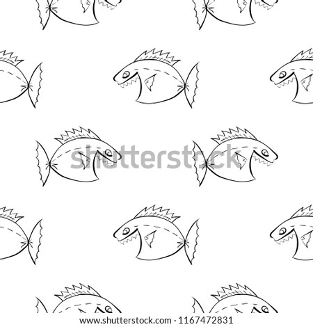 Hand drawn piranha seamless pattern on white background. Cute funny river fish texture