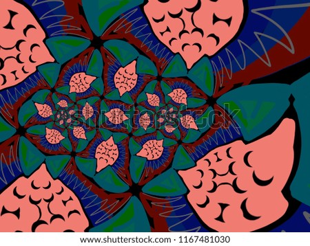 A hand drawing pattern made of red blue and pink on a black background.