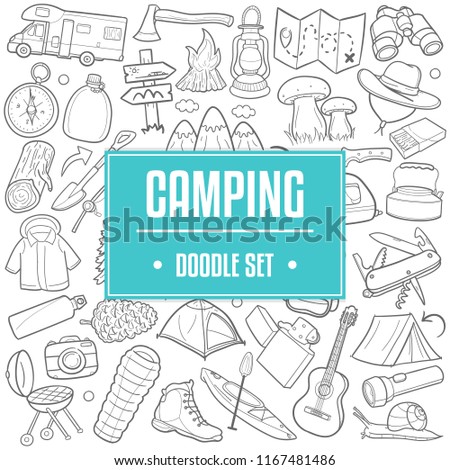 Camping Mountain Traditional Doodle Icons Sketch Hand Made Design Vector
