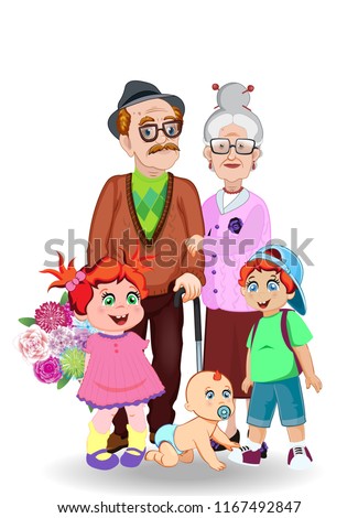 Cartoon illustration of grandparents and grandchildren together. Grandfather, grandmother, granddaughter, grandson and baby with flowers on white. Greeting card, happy family clip art.