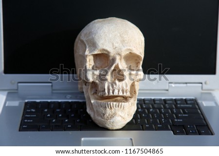 Human Skull on Laptop Computer. Haunted Computer. Haunted Laptop. Halloween Human Skull. Evil Skeleton. 