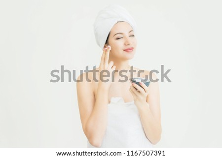 Skin Care Advertising Model.Beautiful Spa Woman with perfect skin showing empty copy space