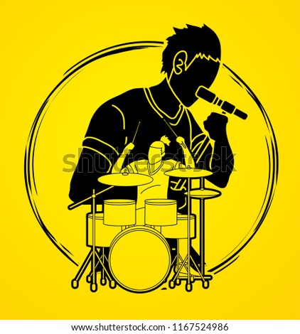 Musician singing and playing drum, Music band, Artist graphic vector