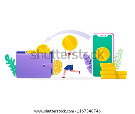 vector illustration concept of money transfer with wallet and smartphone with people flat character, online payment, can be use for landing page, web, ui, banner, template, background, flyer, poster Royalty-Free Stock Photo #1167548746